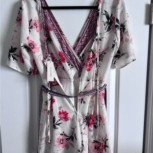 Pink and White Floral Kimono Robe with Lace Trim